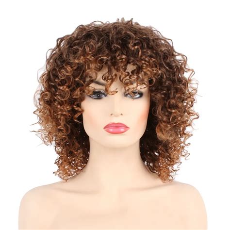 Xtrend Ombre Short Curly Wigs For American Women Brown Synthetic Afro Wig With Bangs Natural