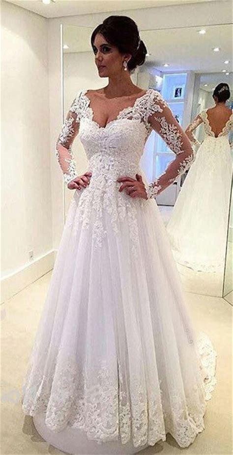 Princess A Line Scalloped Neck Long Sleeve Tulle Lace Wedding Dress