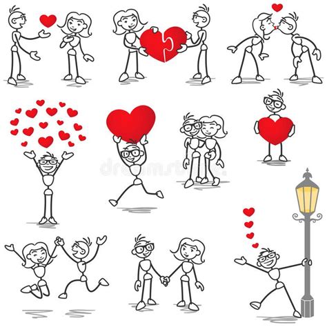 Stickman Stick Figure In Love Couple Heart Kiss Set Of Vector Stick
