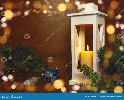 Christmas Lantern With Candle And Fir Branches Stock Photo Image Of