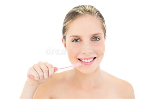 Amused Fresh Blonde Woman Brushing Her Teeth Stock Image Image Of 1819 Caucasian 34389697