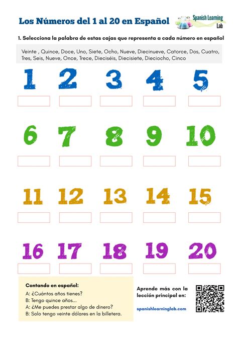 Numbers In Spanish From 1 To 20 Pdf Worksheet Spanish Learning Lab