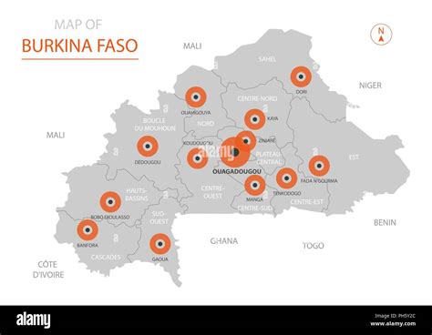 Stylized Vector Burkina Faso Map Showing Big Cities Capital