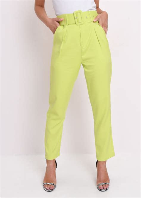 High Waisted Belted Trousers Neon Green Lily Lulu