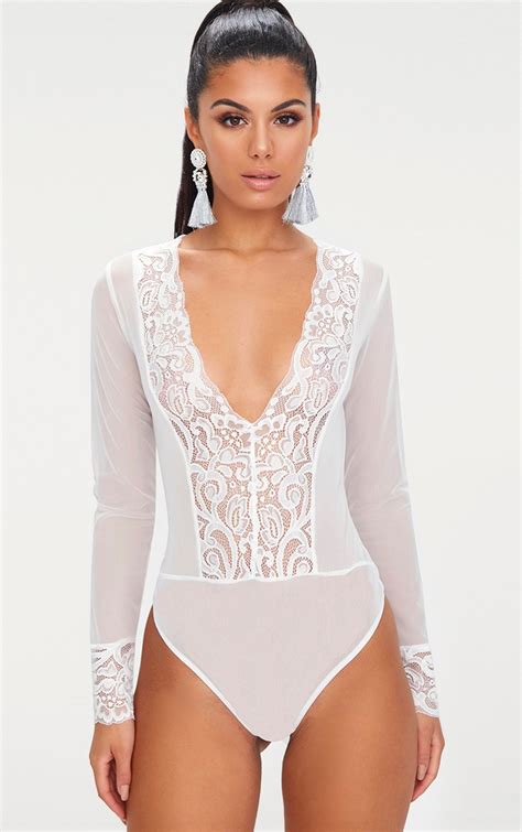 white mesh lace trim longsleeve thong bodysuit prettylittlething