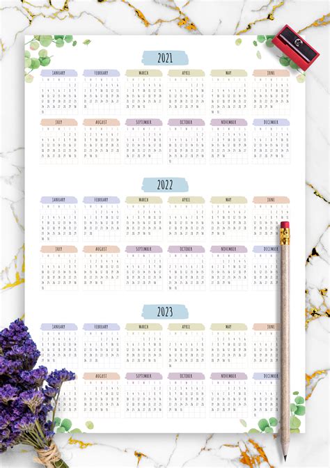 Download Printable 3 Year Calendar Template Floral Style Pdf