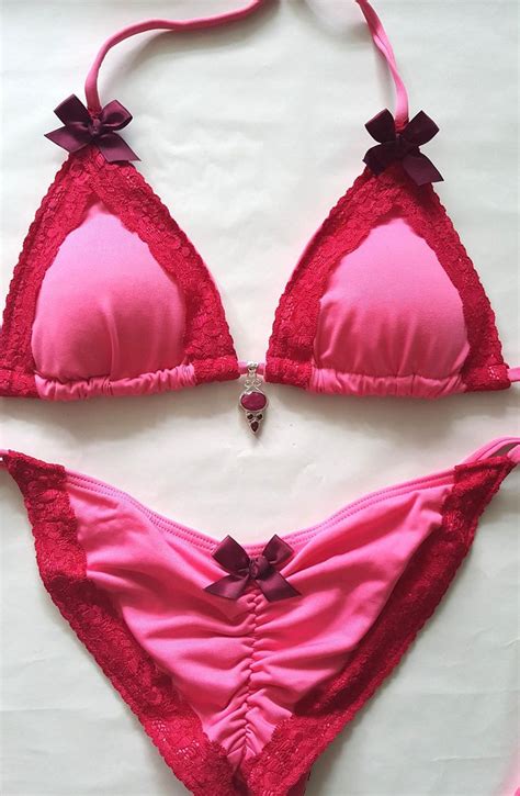 brazilian scrunch bikini hot pink triangle swimsuit with wine red lace trim and burgundy bows 925