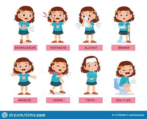 A reading packet puzzle that covers the language for some injuries and illnesses. Kids Sick Unhealthy Vector Illustration Stock Illustration ...