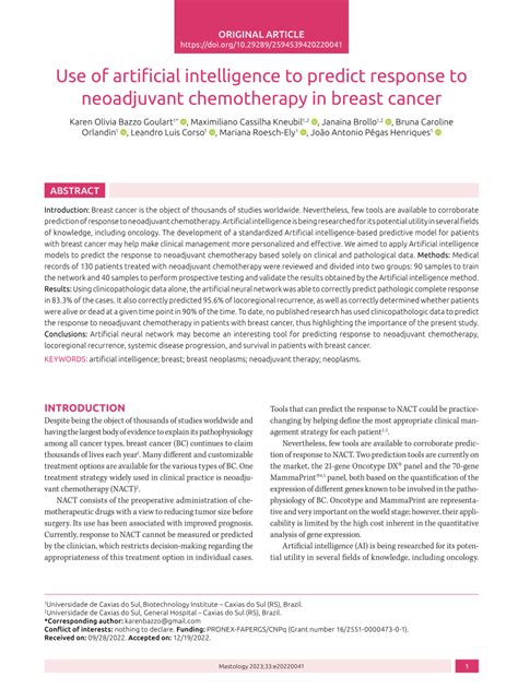 Pdf Use Of Artificial Intelligence To Predict Response To Neoadjuvant Chemotherapy In Breast