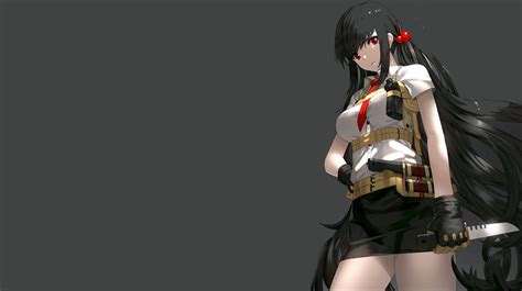 Black Hair Girl Gun Knife Long Hair Military Uniform Orange Anime Red