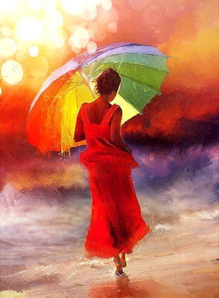 Painting Of Girl In Red Dress With Colourful Bright Umbrella