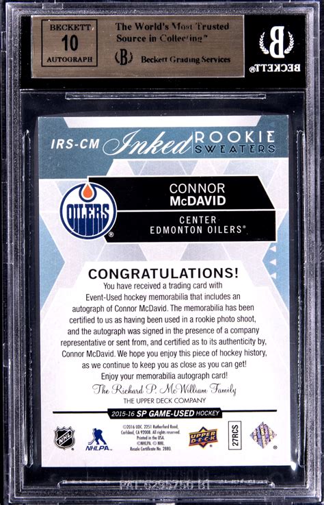 2015 Upper Deck Sp Game Used Rc Sweaters Irs Cm Connor Mcdavid Auto