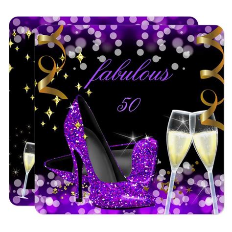 50 Fabulous Purple Glitter High Heel 50th Birthday Invitation Zazzle