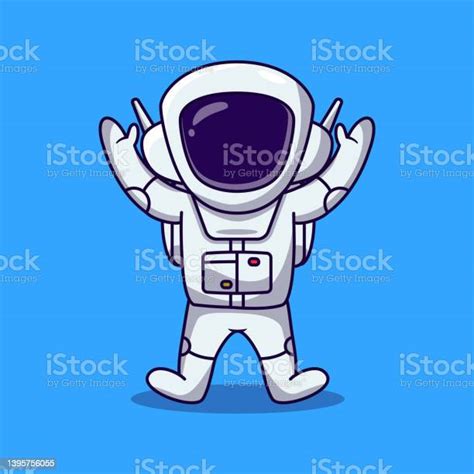 Cute Astronaut Jumping And Raise 2 Hand Cartoon Illustration Spaceman