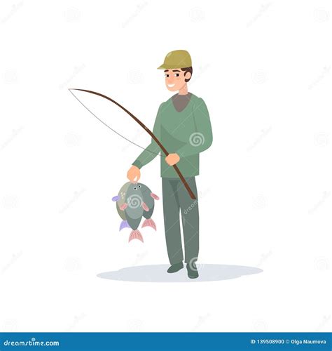 Fisherman Holding Fishing Rod And Caught Fish Male Fisher Character