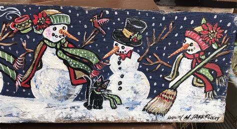 Snow Party Original Painting On Wood Snowmen Snowman Snowwoman Etsy