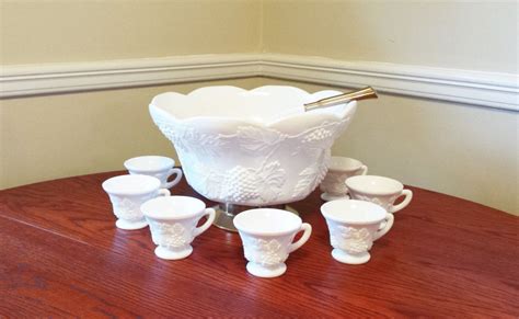 Milk glass large scalloped/white milk glass punch bowl/ 12 cups. Vintage White Milk Glass Harvest Grape Punch Bowl Set With ...