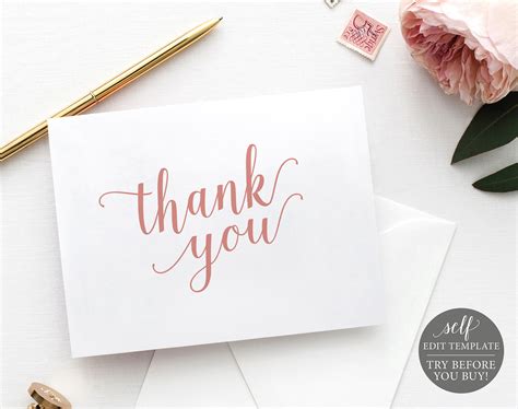 Thank You Card Template Rose Gold Script Editable And Printable Instant