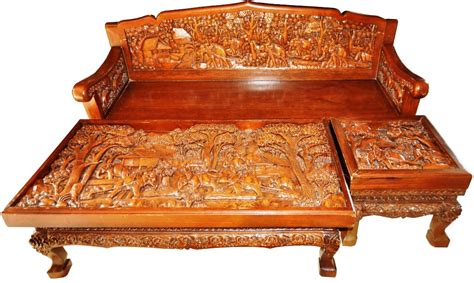 Teak Wood Sofa Coffee And End Table Set With 3d Relief Carvings From