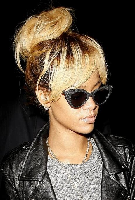 Rihanna High Bun Updo Stylish Messy Bun Updos With Bangs
