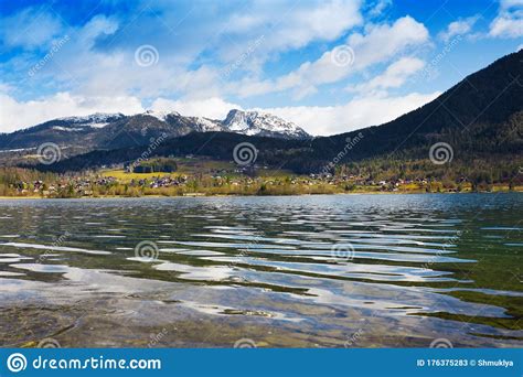 View Idyllic Alpine Mountains And Lake Hallstattersee Sunny Winter