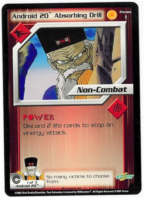 The game begins with trunks landing his time machine in a universe where the dragon ball timelines are mixed up nearly beyond repair. -=Chameleon's Den=- Dragon Ball Z CCG Game Card: Android 20 Absorbing Drill