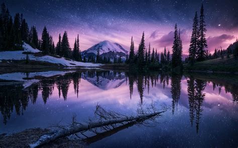 Winter Lake Trees Mountains Snow Sky Stars Wallpaper