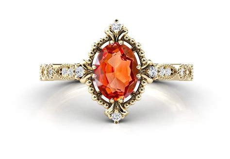 Unique Orange Sapphire Engagement Ring For Women Art Deco Etsy