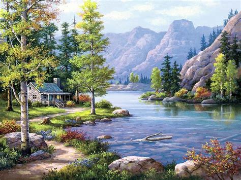 Painting Of Cabin In Woods Near A Mountain Lake Yahoo Image Search