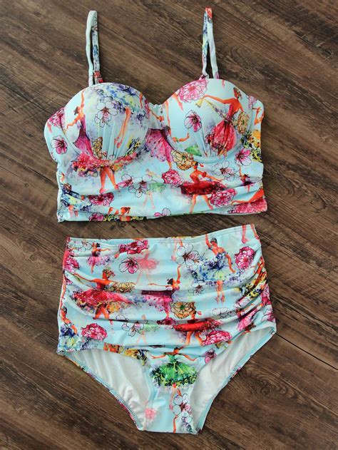 Shop Blue Floral Print Ruched Bustier Bikini Set Online Shein Offers