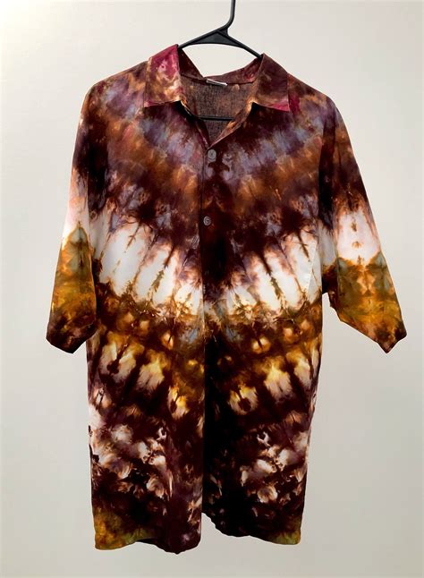 Xl Mens Gold And Brown Tie Dye Cotton Short Sleeve Shirt Button Up