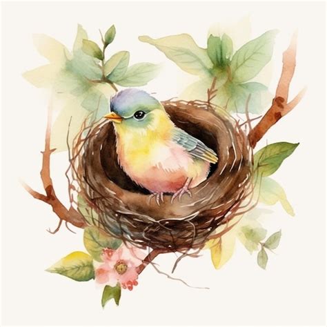 Premium Ai Image Bird In A Nest Watercolor Painting