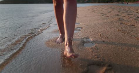 Woman Barefoot Legs Close Up Walking Sand Beach Stock Footage Video