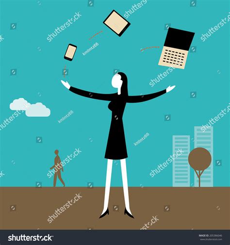 Businesswoman Juggling Technology Multitasking Stock Vector Royalty