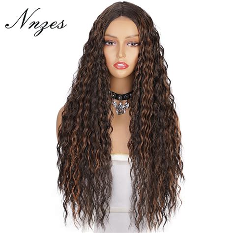 Nnzes 26inch Mixed Black And Brown Synthetic Curly Wigs For Black Women Long Natural Wave Middle