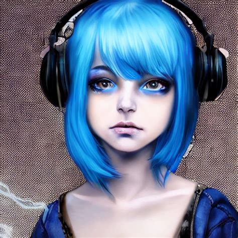 Realistic Portrait Of A Young Teen Girl Blue Hair Dark Fantasy