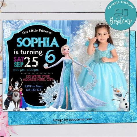 You'll find an overflowing gallery of options in assorted styles and designs, and our templates will guide you through the simple creating process in minutes. Editable Frozen Elsa With Photo Snowflake Ice Birthday ...