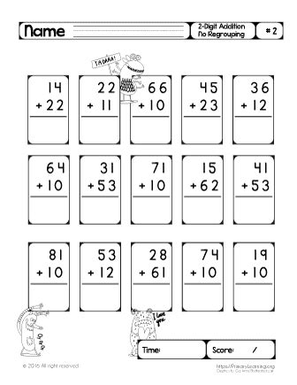 This addition worksheet is in a vertical problem format. Two Digit Addition (No Regrouping) #2 | PrimaryLearning.org
