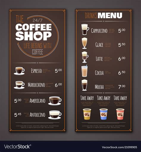 At joe's bakery & coffee shop, we have hot, delicious made to order breakfast. Coffee shop menu design template Royalty Free Vector Image