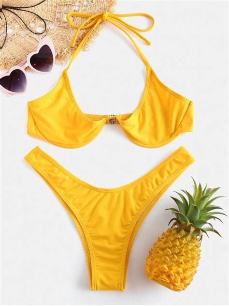 Zaful Halter Underwire Bikini Set Rubber Ducky Yellow L Bikinis