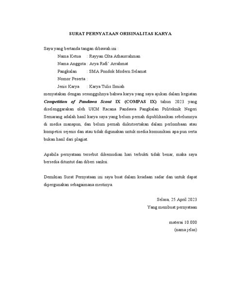 Format Surat Pernyataan Orisinalitas Karya Pdf