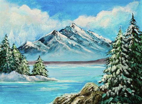 Mountain Lake In Winter Original Painting Forsale Painting By Bob And