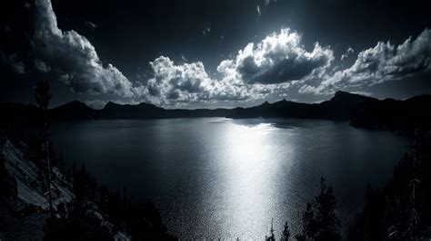 Sky Clouds Night Moonlight Moon Glow Silhouette Lakes Reflection Shore