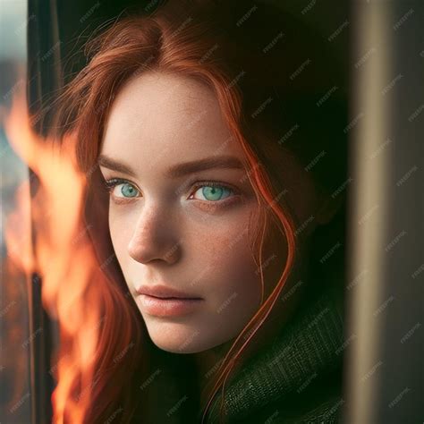 Premium Photo A Woman With Red Hair And Green Eyes Looks Out Of A Window