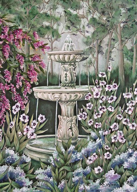 Garden Fountain Painting By Carol J Rupp Pixels