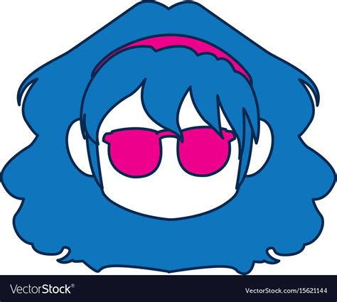 Chibi Anime Girl Face Blue Hair Glasses Royalty Free Vector