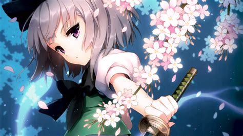 Wallpaper Ilustrasi Bunga Bunga Anime Touhou Katana Bunga Sakura