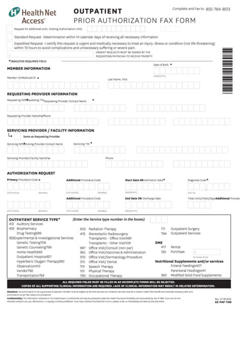 Outpatient Prior Authorization Fax Form Printable Pdf Download