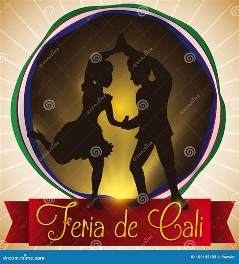 Button With Salsa Dancers Silhouette And Ribbon For Fair`s Cali Vector