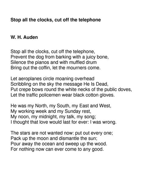 Wh Auden Stop All The Clocks Funeral Poems Poems Words